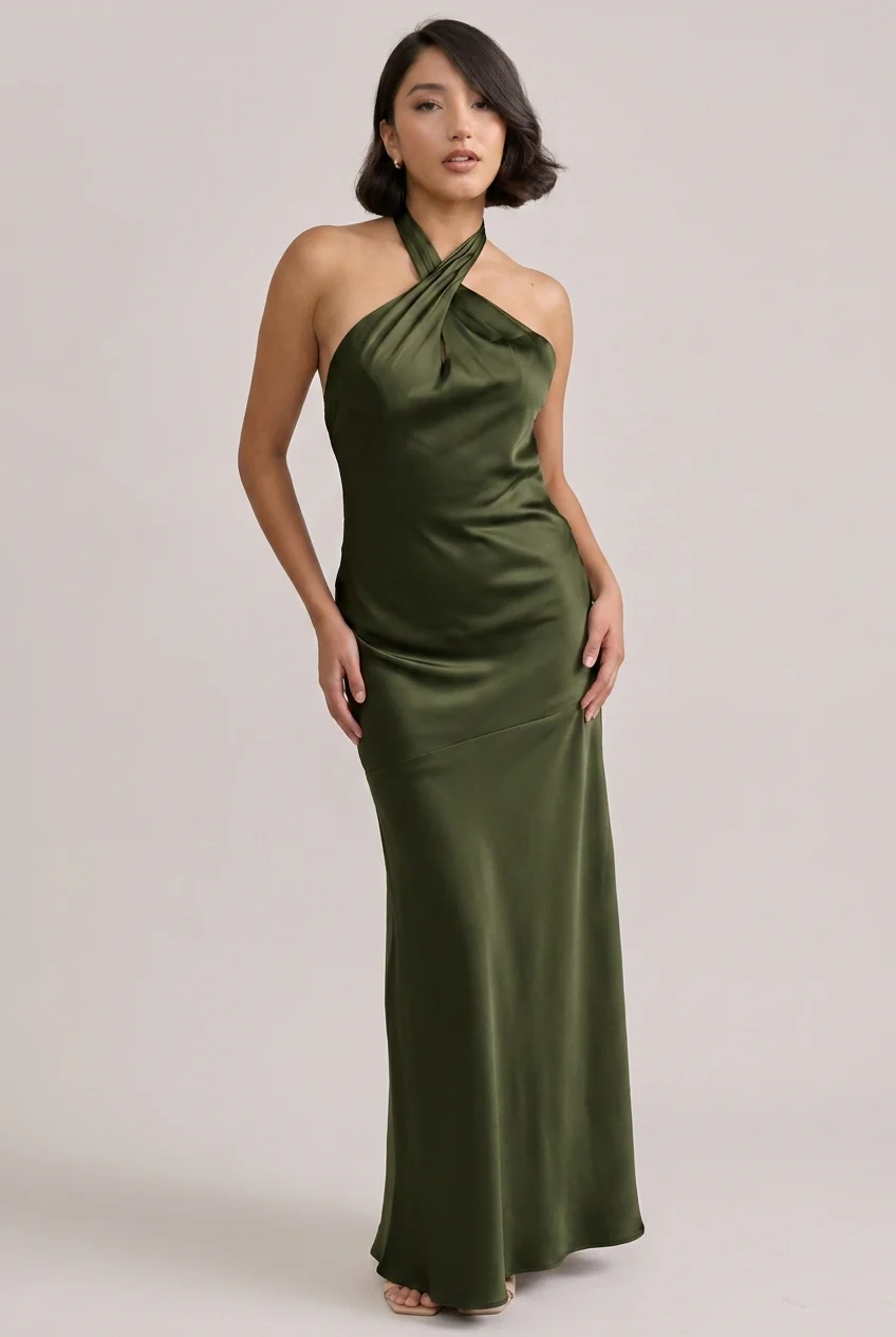 Athena Satin Dress | Ready To Ship | Deep Olive - Image 3